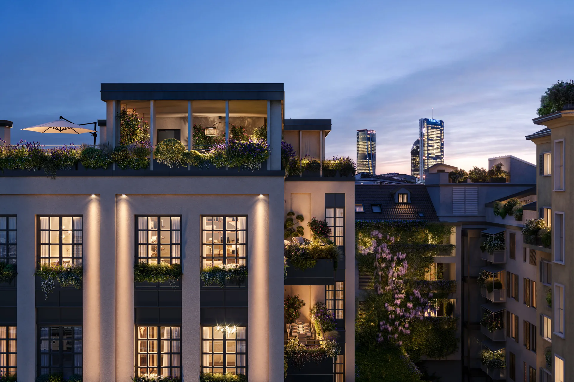 Rooftop di PANIZZA 7 al tramonto con vista sullo skyline di CityLife