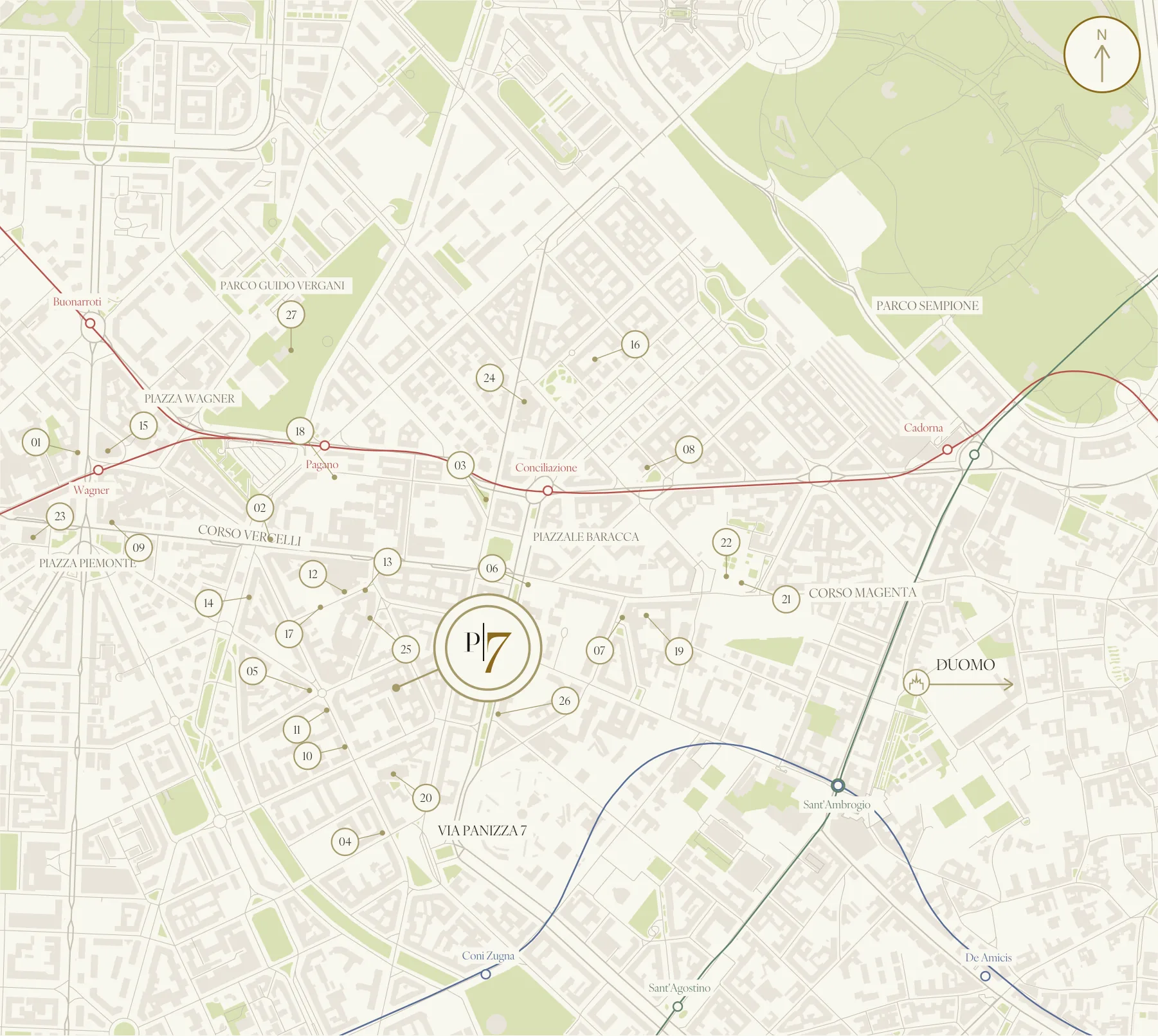 Mappa illustrata del quartiere intorno a Via Panizza 7 con i luoghi numerati